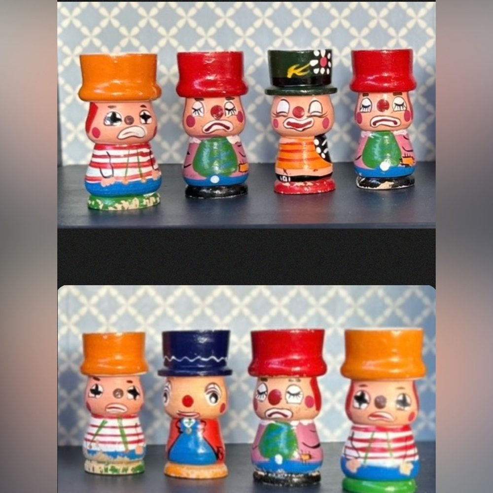 8 Vintage Wooden Clown Eggcups